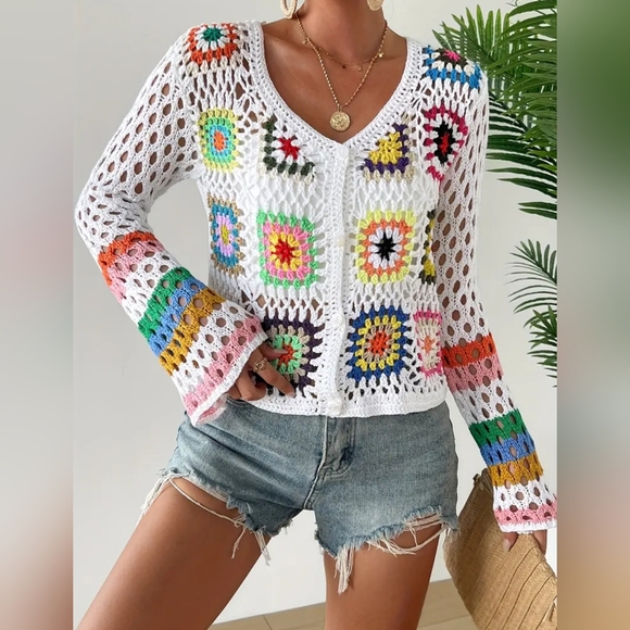 Boho Crocheted Cardigan Sweater - Picture 2 of 4